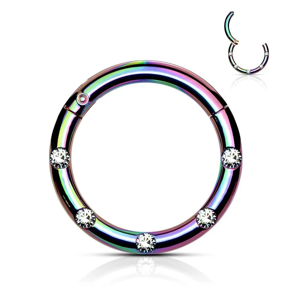 Duhový piercing kruh segment, čiré kameny, 1,2 x 8 mm