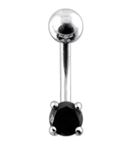 Stříbrný piercing do pupíku, zirkon (černá, 1,30 g, 1,6 x 10 mm)