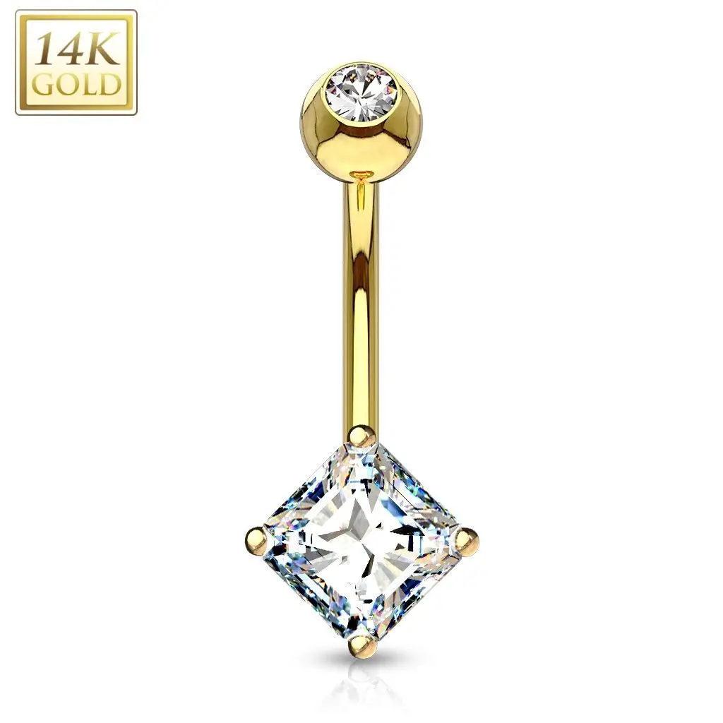Zlatý piercing do pupíku - čtvercový zirkon, Au 585/1000 - ZL01071-YG