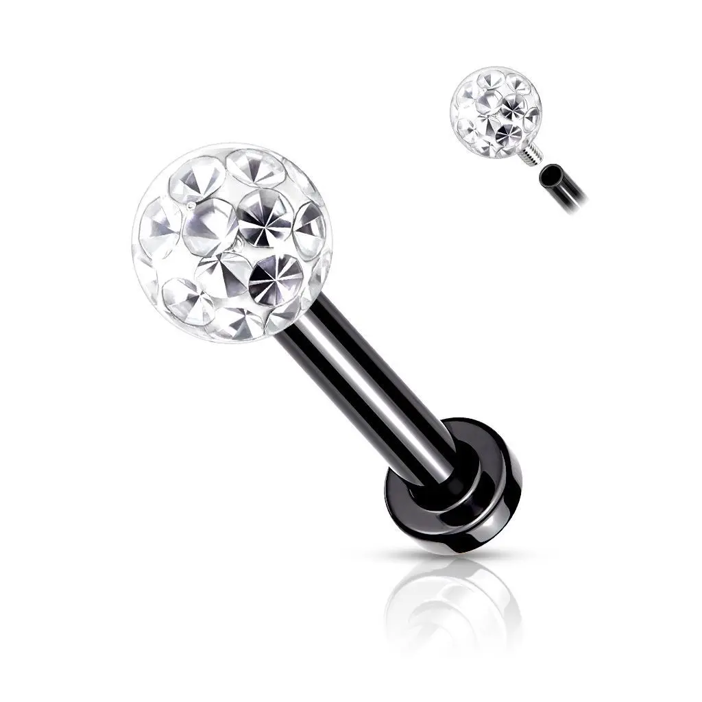Černý piercing do brady - labreta s kamínky 1,2 x 8 mm - LB1089K-1208