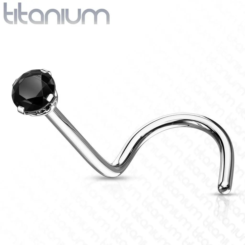 Zahnutý piercing do nosu - titan, kamínek 2 mm (černá) - TIT1063K-020