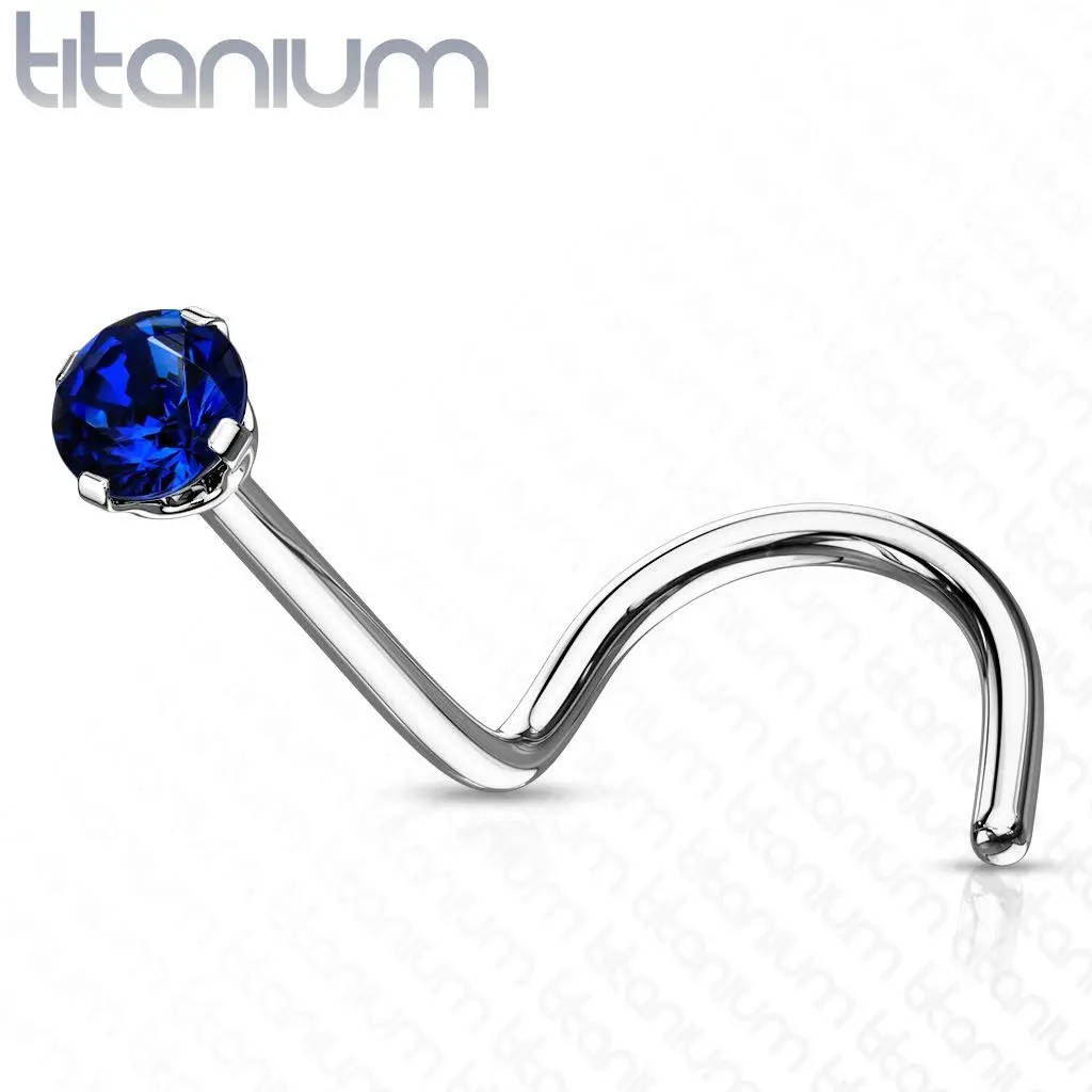 Zahnutý piercing do nosu - titan, kamínek 2 mm (modrá) - TIT1063B-020