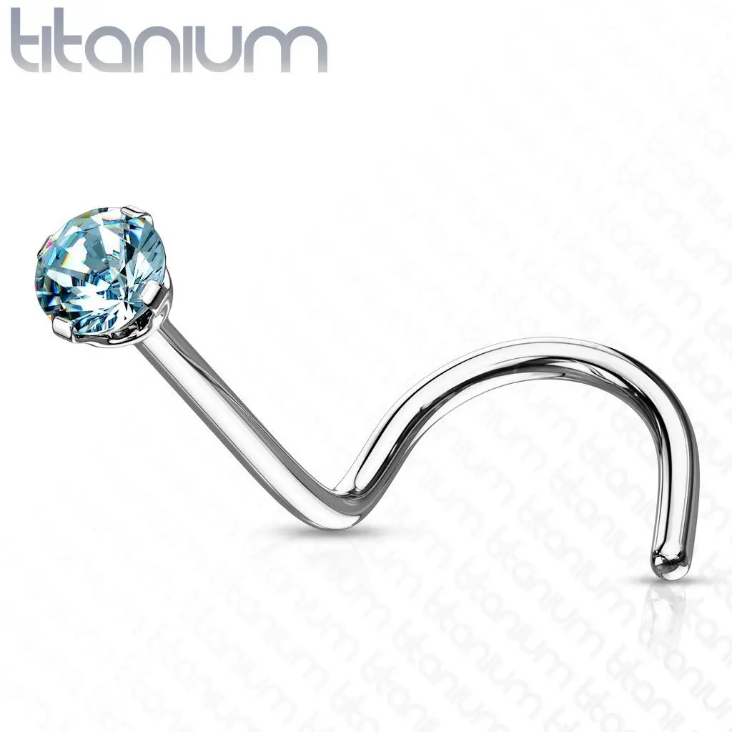 Zahnutý piercing do nosu - titan, kamínek 2 mm (tyrkysová) - TIT1063Q-020