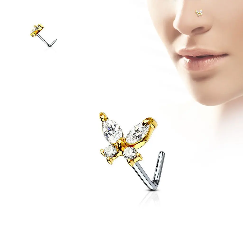 Zahnutý piercing do nosu - motýlek (žluté zlato) - N0082-GDC
