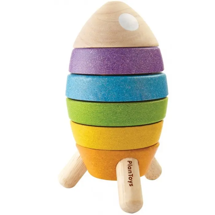 Skládačka s kroužky - Raketa s tvary dřevěná (Plantoys)