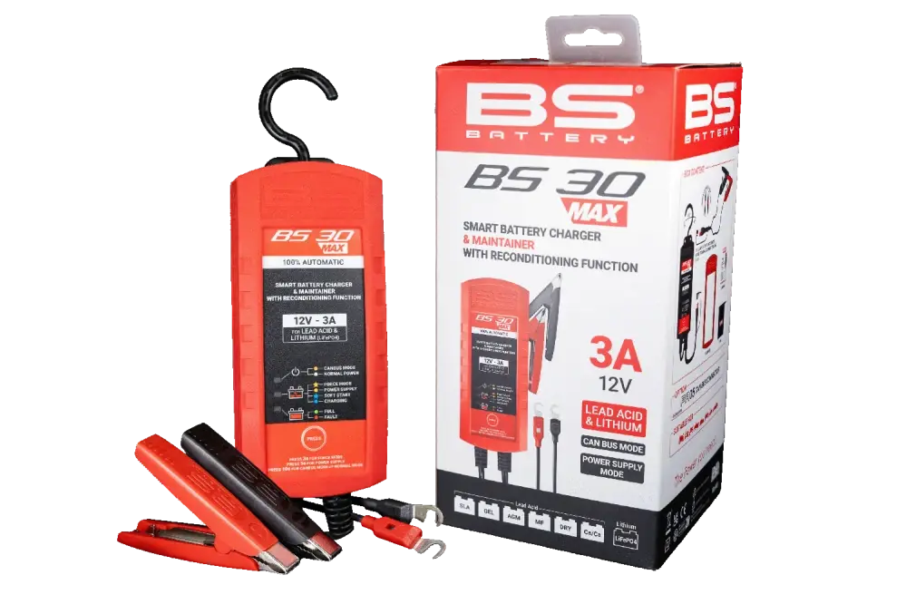 BS-BATTERY Nabíječka akumulátorů SMART BS30MAX (vhodné i pro lithium) 12V 3A (BS 30 MAX – Nabíječka 12V s funkcí oživení a údržby baterií)