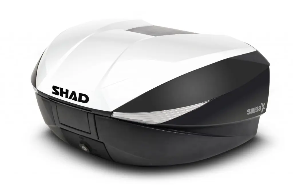 SHAD Vrchní kufr s barevným krytem SH58X (rozšiřitelný) bílá se zámkem PREMIUM (SH58X je rozšiřitelný kufr, jehož objem je možné upravit do tří)