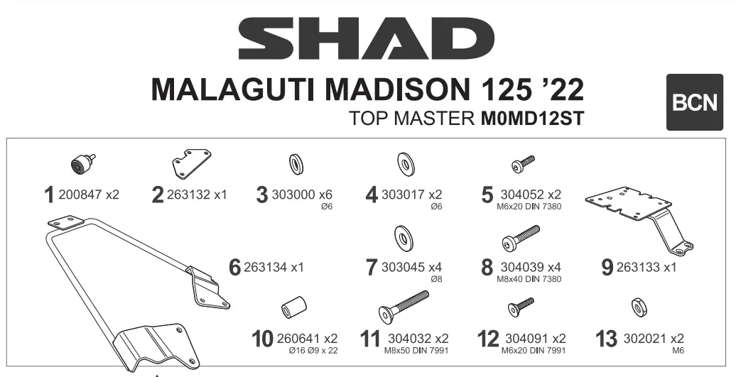 SHAD Montážní sada pro horní kufr Top master M0MD12ST MALAGUTI Madison (Montážní sada pro horní kufr SHAD, vhodná pro všechny typy. Nemusíte)