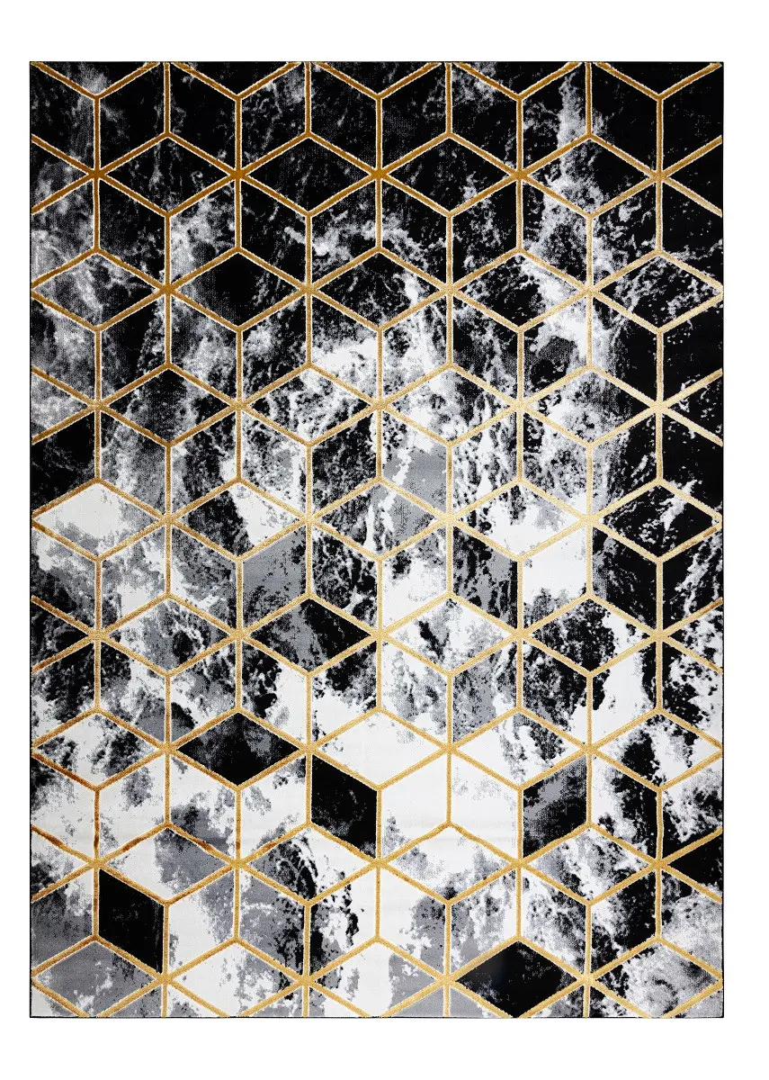 Dywany Łuszczów, Kusový koberec Gloss 409A 82 3D cubes black/gold/grey, 80x150, černobílá, kancelář