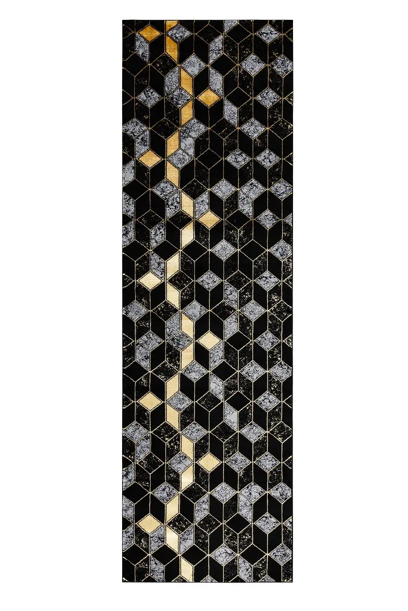 Dywany Łuszczów, Běhoun Gloss 400B 86 3D geometric black/gold, 70x300, černá, obývací pokoj