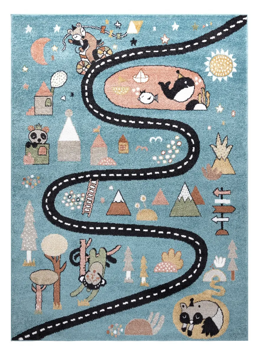 Dywany Łuszczów, Dětský kusový koberec Fun Route Street animals blue, 80x150, modrá, dětský pokoj