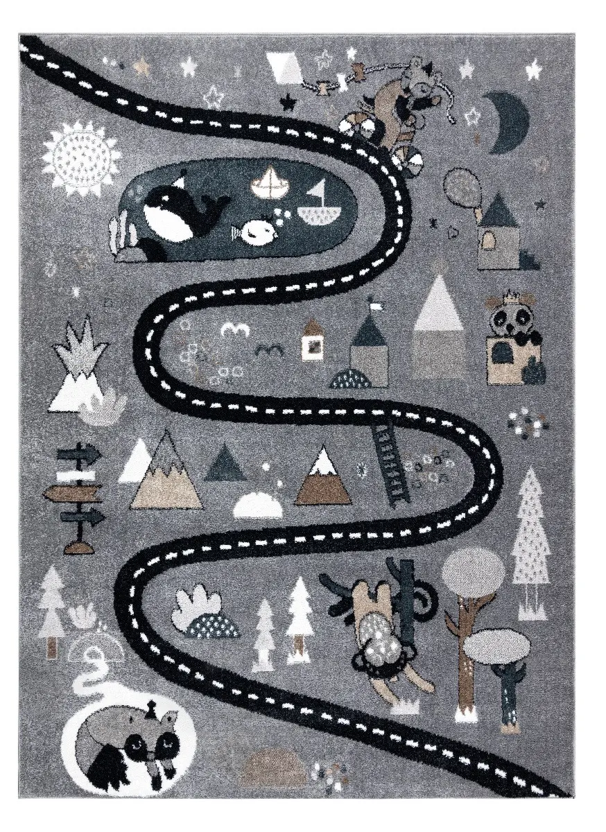 Dywany Łuszczów, Dětský kusový koberec Fun Route Street animals grey, 200x290, šedá, dětský pokoj