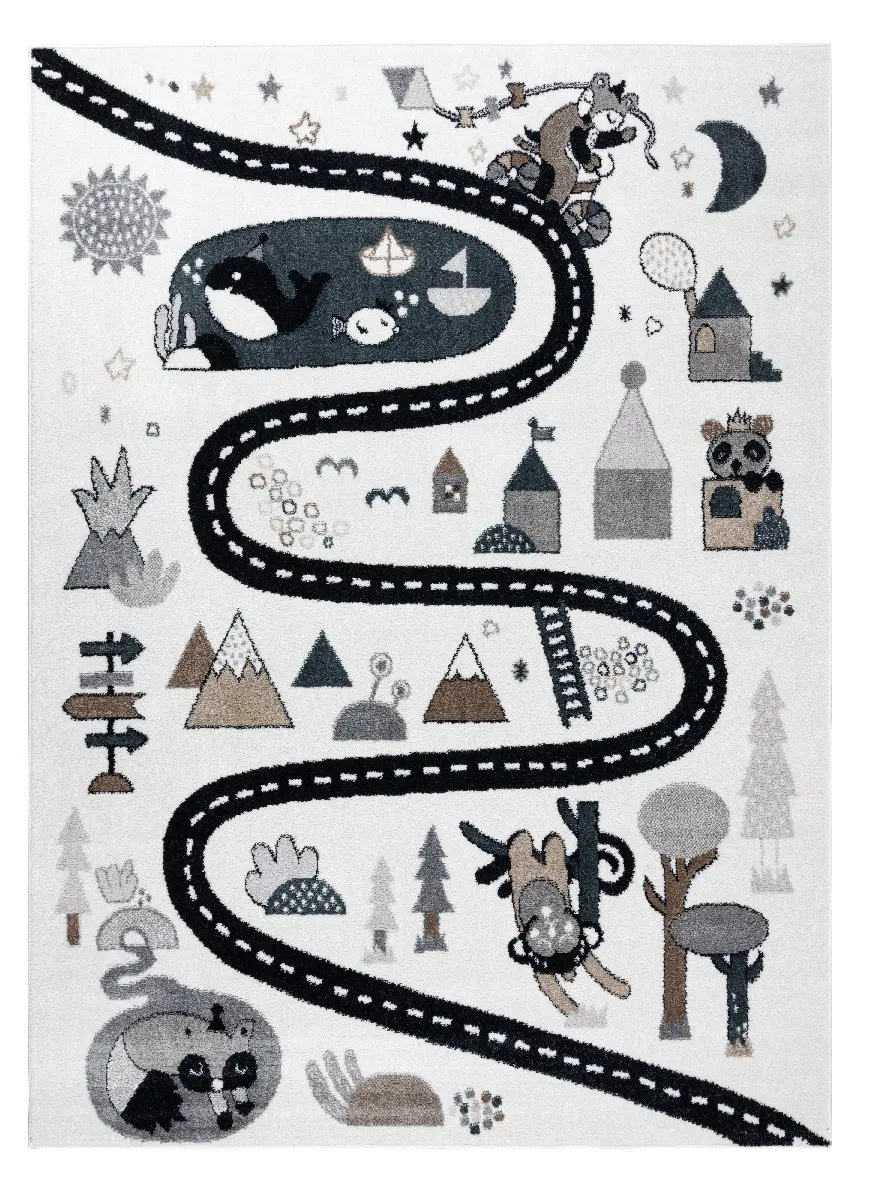 Dywany Łuszczów, Dětský kusový koberec Fun Route Street animals cream, 80x150, béžová, dětský pokoj