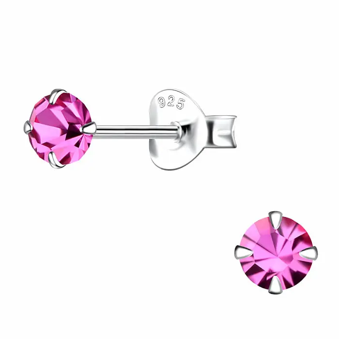 00536 Stříbrné náušnice pecky se zirkony 4mm PINK - 4 mm, 0,37 g