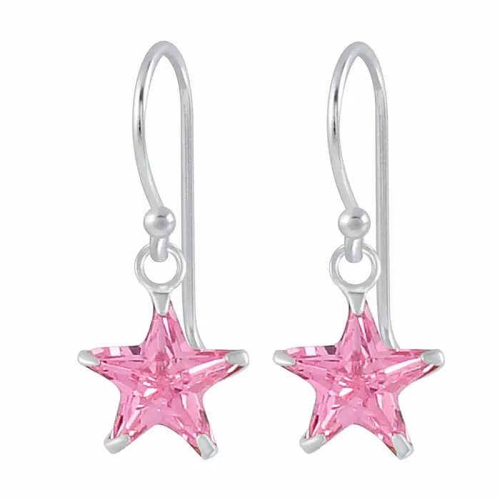 02108 Stříbrné visací náušnice 22 mm PINK STAR - 2,2 cm, 1,6 g