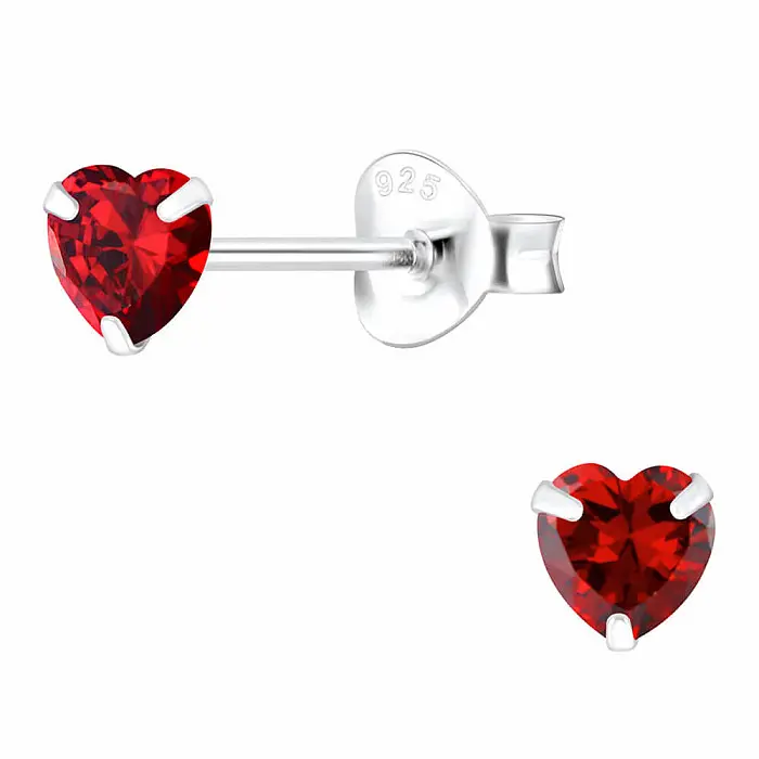 03693 Stříbrné náušnice pecky se zirkony 4mm RED HEART - 4 mm, 0,5 g