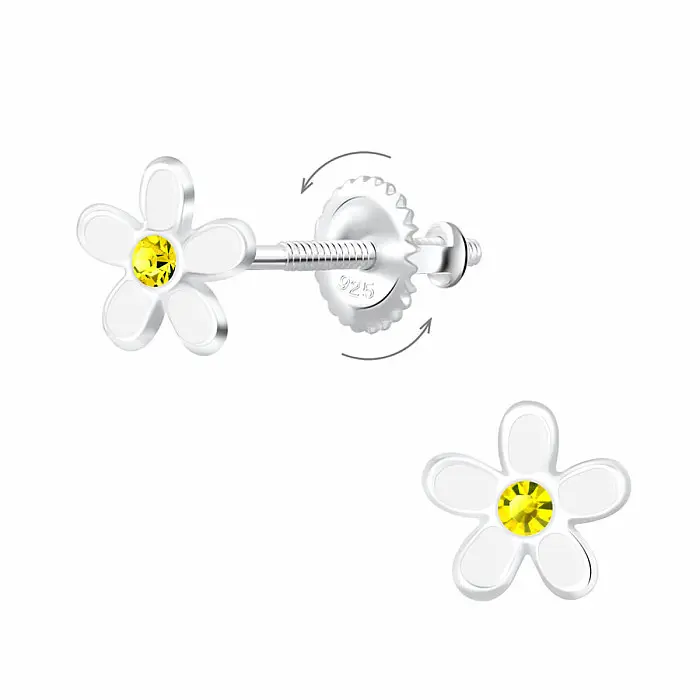 Stříbrné náušnice Bílá kytička na šroubek - 7 x 7 mm, 0,52 g