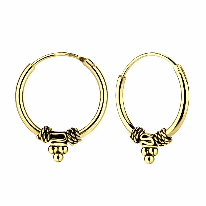 10911 Stříbrné 14 mm Bali KRUHY pozlacené 14k zlatem - 1,4 cm, 1,13 g