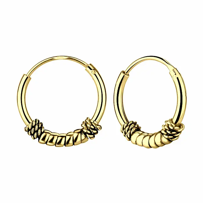 10913 Stříbrné 12 mm Bali KRUHY pozlacené 14k zlatem - 1,2 cm, 0,85  g