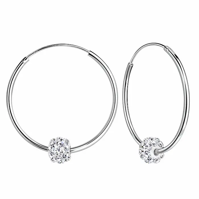 11809 Stříbrné 25 mm KRUHY s třpytivou kuličkou Crystal - 2,5 cm, 2,2 g