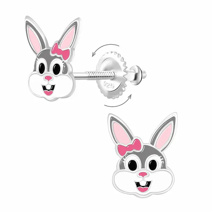 Stříbrné náušnice Veselý králíček na šroubek - 7 x 8 mm, 0,62 g