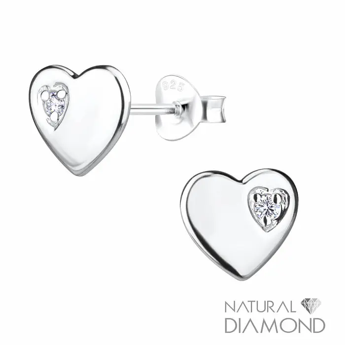 20053 Stříbrné náušnice pecky Srdce s přírodním diamantem - 8 mm, 1,08 g
