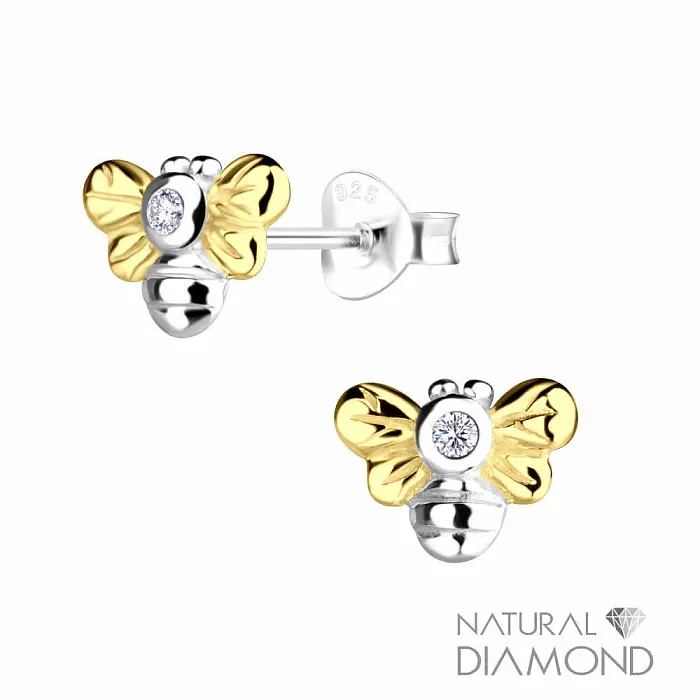 22616 Stříbrné náušnice pecky Zlatá včela s přírodním diamantem - 8 mm, 0,8 g