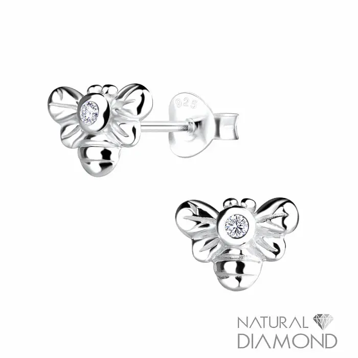22617 Stříbrné náušnice pecky Včela s přírodním diamantem - 8 mm, 0,8 g