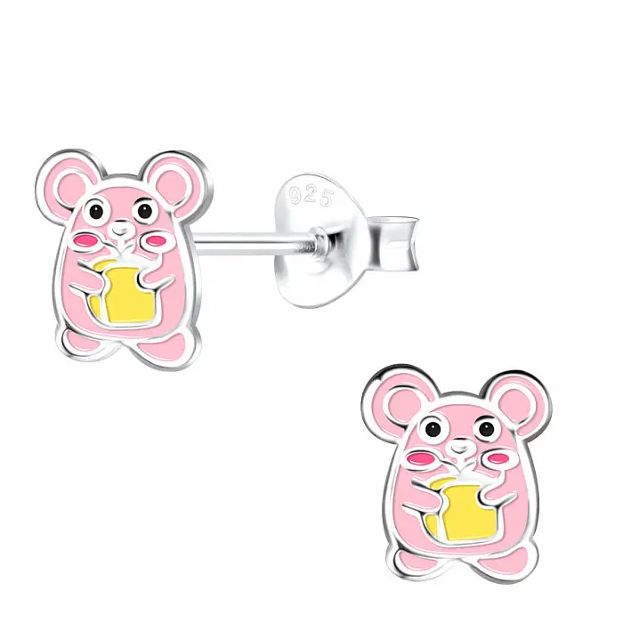 Stříbrné náušnice Růžový křeček - 7 x 7 mm, 0,5 g