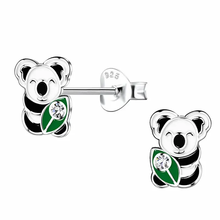 Stříbrné náušnice Koala s lístečkem - 6 x 8 mm, 0,52 g