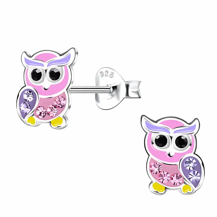 Stříbrné náušnice Růžová sova - 6 x 8 mm, 0,52 g