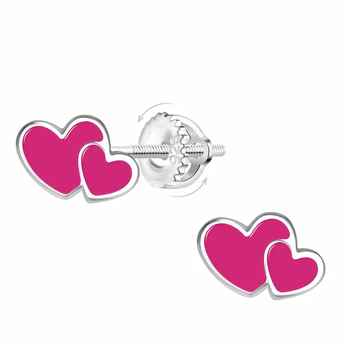 Stříbrné náušnice Růžová srdíčka na šroubek - 9 x 6 mm, 0,59 g