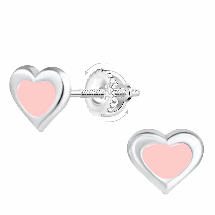 Stříbrné náušnice Růžové srdíčko na šroubek - 8 x 7 mm, 0,61 g