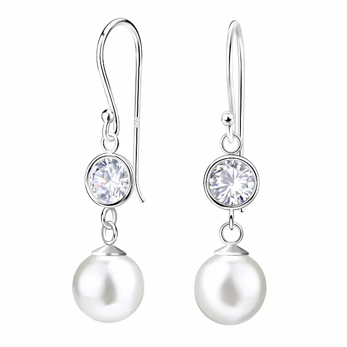 34970 Stříbrné visací náušnice s perlou 6 mm a zirkonem - 28 mm, 1,03 g