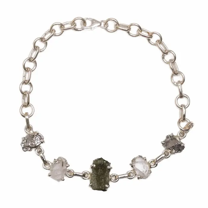 Vltavín, Herkimer diamant a meteorit Campo del Cielo náramek stříbro Ag 925 LOT50 - 15,5 - 20 cm, 10,8 g