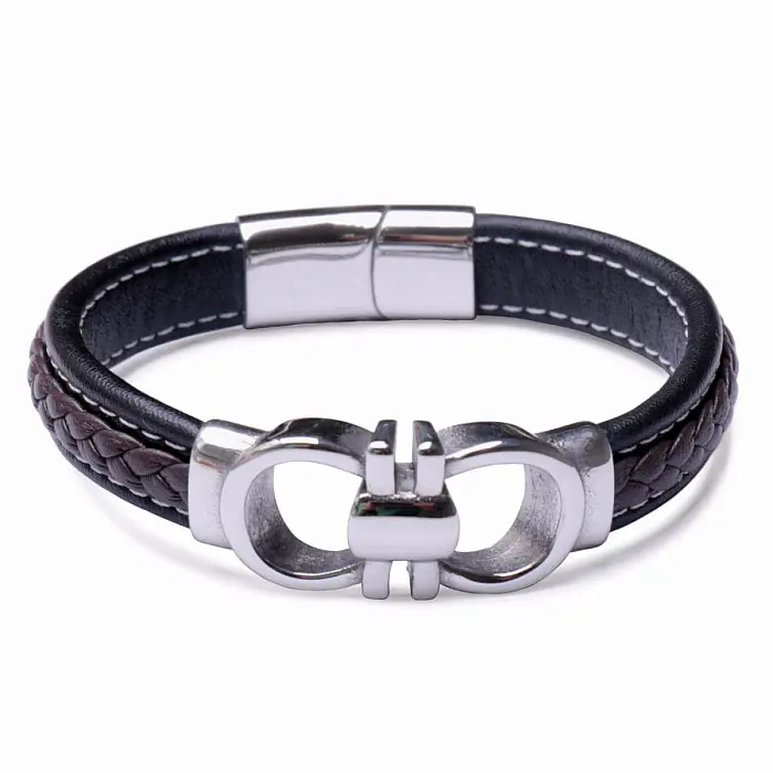 Náramek pánský kožený černý nerez ocel - obvod cca 22 cm