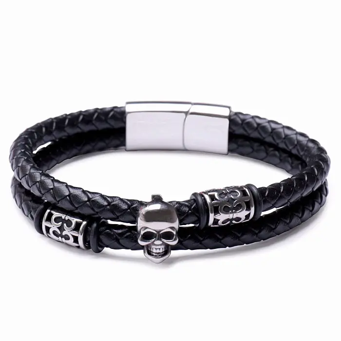Pánský dvojitý kožený náramek s lebkou nerez ocel - obvod cca 21,5 cm