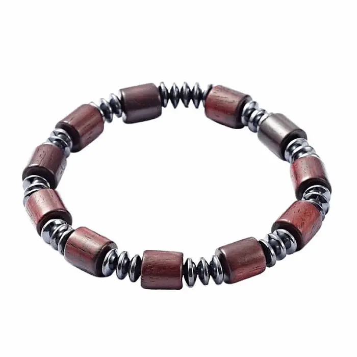 Hematit s dřevěnými korálky unisex náramek - obvod cca 18 až 22 cm