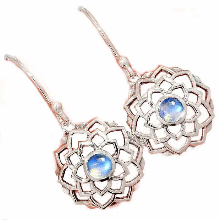 Stříbrné visací náušnice s měsíčním kamenem Mandala - 2,9 cm, 2,2 g
