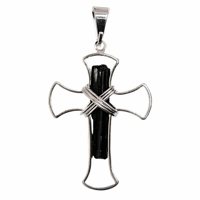 Turmalín skoryl postříbřený přívěsek Cross - cca 2,2 x 3,2 cm