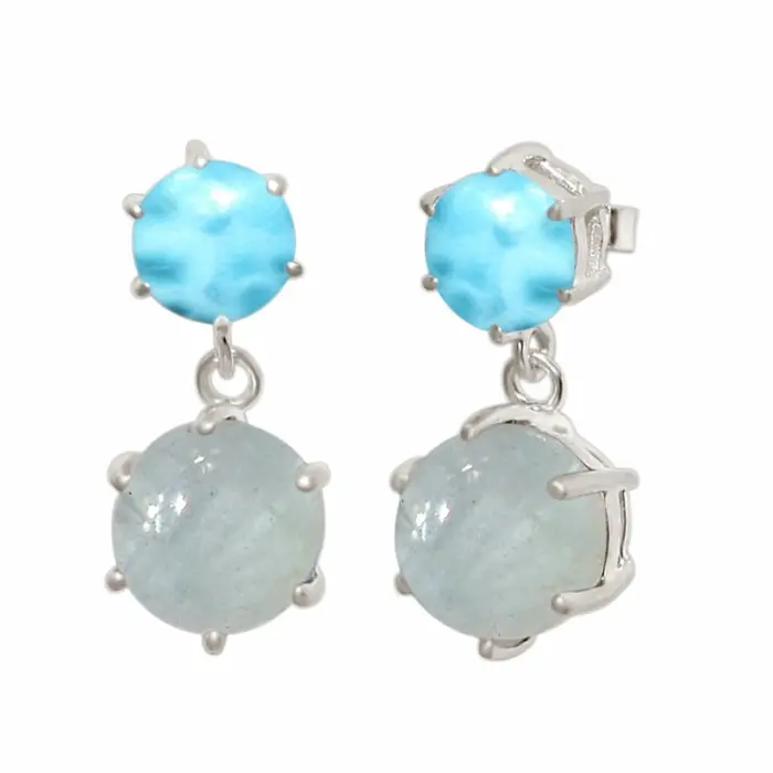 Stříbrné visací náušnice s larimarem a akvamarínem - 2 cm, 3,3 g
