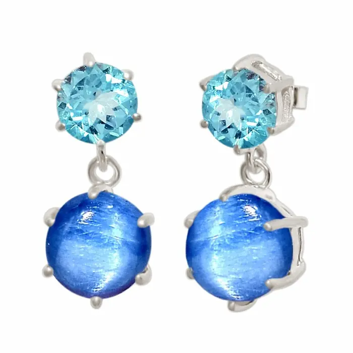 Stříbrné visací náušnice s kyanitem a modrým topazem - 2 cm, 3,4 g