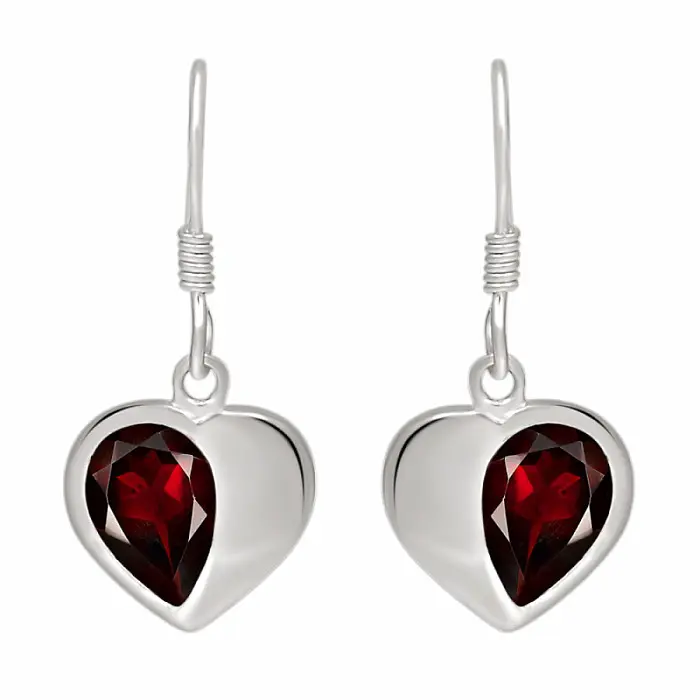 Stříbrné visací náušnice s granátem Srdce - 2,7 cm, 3,3 g