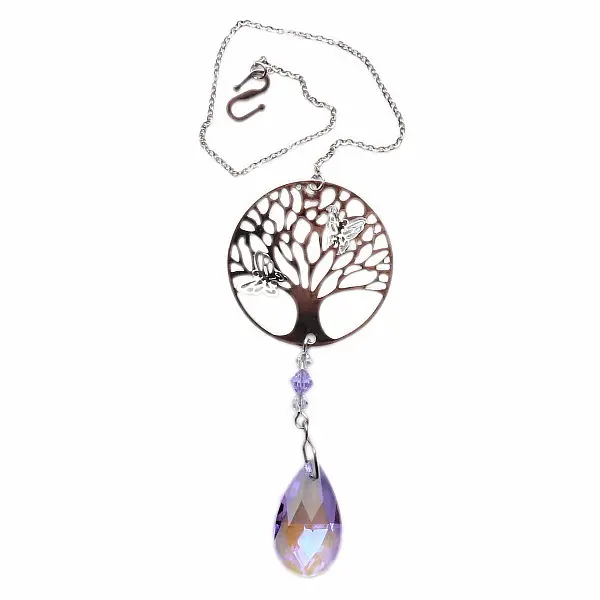 Strom života Feng Shui závěs do okna z kovu a barevných křišťálů - cca 30 cm fialová