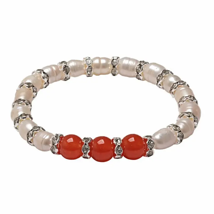 Dámský perlový náramek s karneolem 8 mm - obvod cca 16 až 21 cm