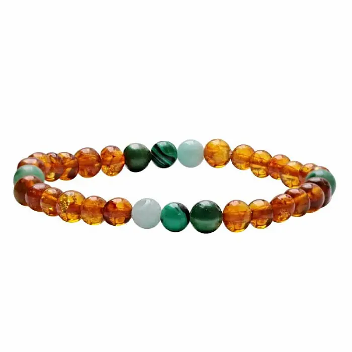 Jantarový náramek s amazonitem, malachitem a jadeitem - obvod cca 16 až 22 cm