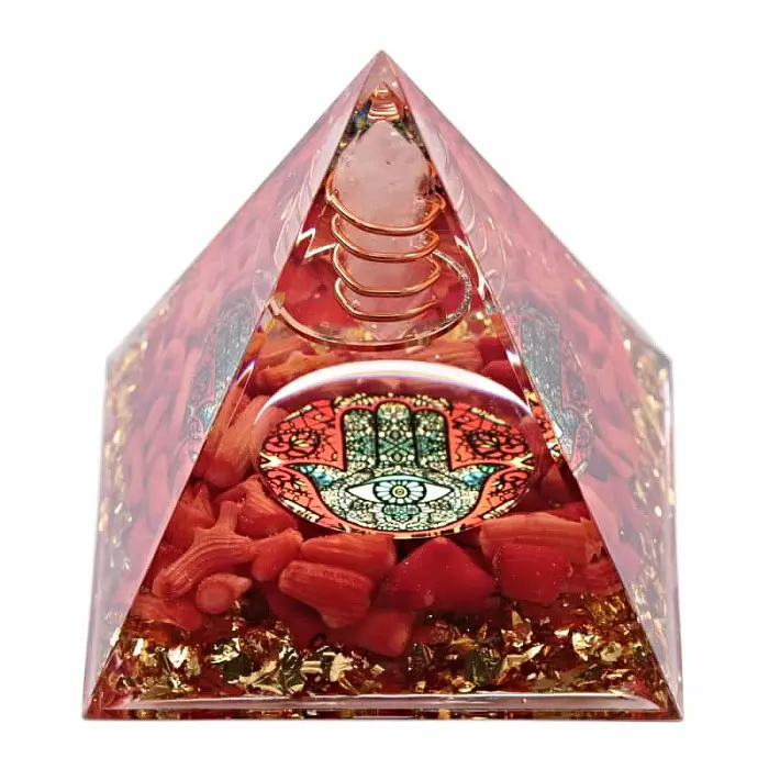 Orgonit pyramida Hamsa s krystalem křišťálu - 6 x 6 x 6,2 cm