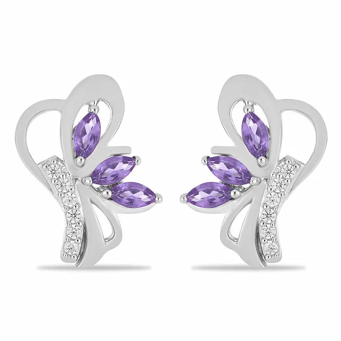 Náušnice stříbrné s broušenými africkými ametysty a zirkony Ag 925 026339 AFAM - 1,4 cm, 3,9 g