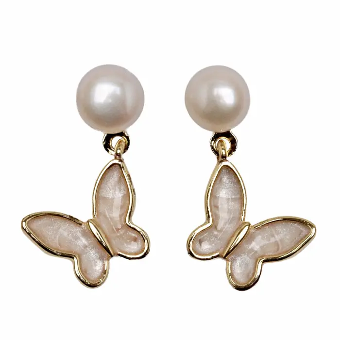Módní náušnice pozlacené Butterfly pearl - cca 2,4 cm