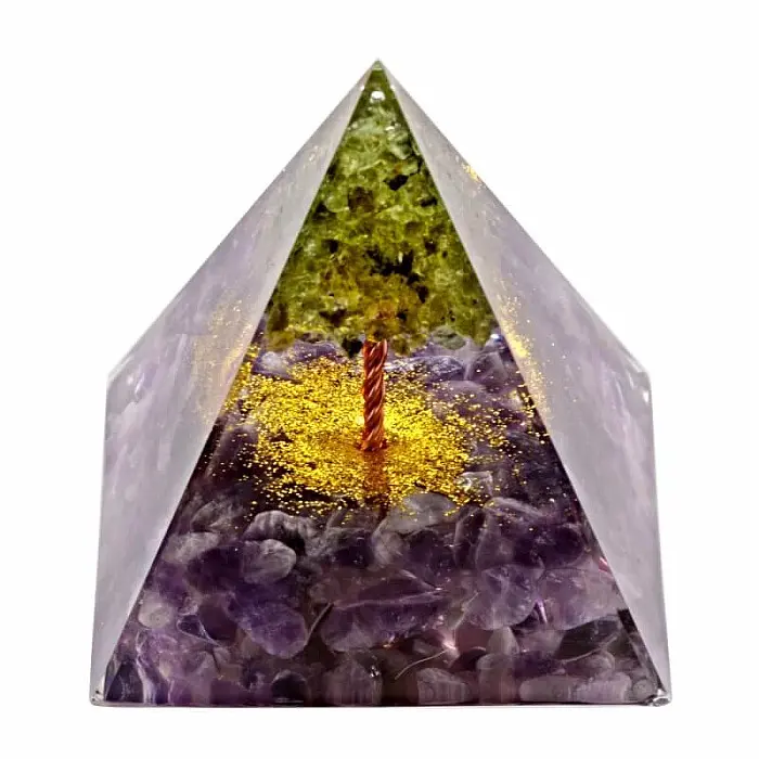 Orgonit pyramida Strom života z olivínu v ametystu - 6 x 6 x 6,6 cm